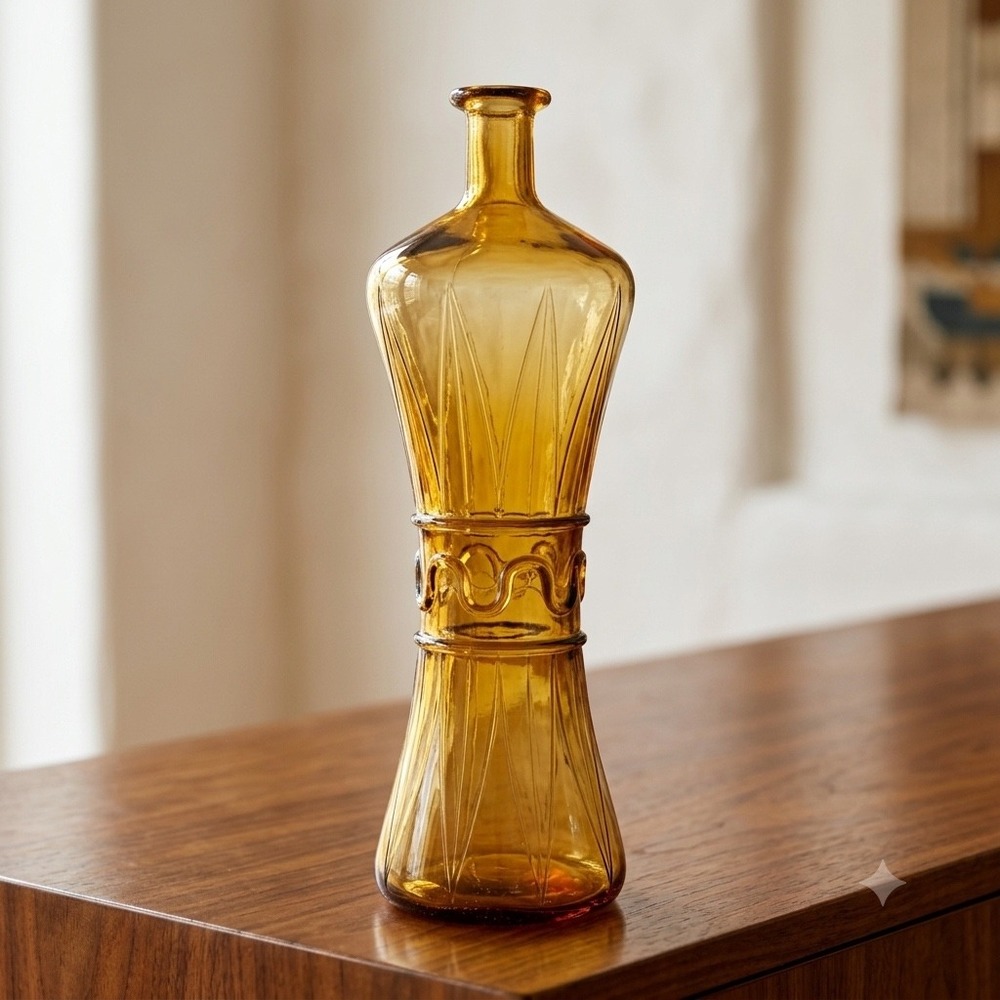 Empoli Italian Amber Glass Decanter Bottle Applied Ribbon Waist